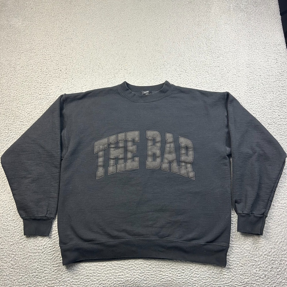 THE BAR Womens Black Varsity Sweatshirt Oversized Boyfriend Crewneck Fleece L